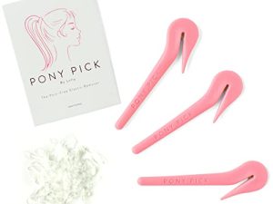 THE PONY PICK By Lolly - Elastic Rubber Bands Cutter for Hair - Elastic Hair Band Remover - Pain Free - Easy Removal - 3 Pack of Pink Pony Picks & 50 Clear Hair Elastics