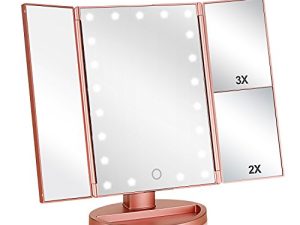 Flymiro Tri-fold Lighted Vanity Makeup Mirror with 3x/2x Magnification