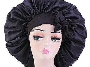 Satin Bonnet Silk Bonnet Hair Bonnet Jumbo Size for Sleeping Satin Bonnet Stretchy Tie Band for Women Long Curly Braid Hair (Black)