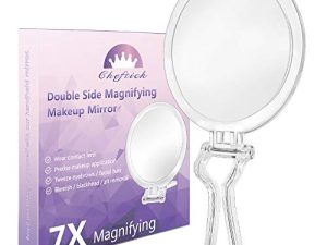 Cheftick Double Sided Hand Held Mirror - 1X & 7X Magnifying Travel Makeup Mirror with Adjustable Folding Handle