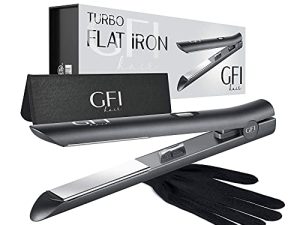 GFI Hair Straightener - Turbo Heating Element - Titanium Flat Iron - Straightens & Curls Any Hair Type - Temperature Control - Pouch & Glove Included