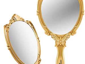 PROBEAUTIFY Decorative Hand Held Mirror | Beautifully Butterfly Design Hand Mirrors with Handle | Lightweight Mirror | 180 Degrees Full Folding Portable Mirror | Travel Makeup Mirror (Gold)