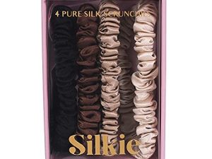 SILKIE x4 Set 100% Pure Mulberry Silk Black Brown Skinny Scrunchies Travel Pouch Everyday Hair Ties Elastics Hair Care Ponytail Holder No Damage (Chocolate)