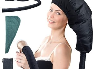 Bonnet Hood hairdryer Attachment: Blow Dryer Cap Bonnet for Hair Styling & Deep Conditioning & Hair Drying – Including Head Drying Cap & Storage Bag (Black)
