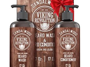 Beard Wash & Beard Conditioner Set w/Argan & Jojoba Oils - Softens & Strengthens - Natural Sandalwood Scent - Beard Shampoo w/Beard Oil (17 oz)