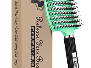 KTKUDY Detangling Brush Boar Bristles Hair Brush Make Hair Shiny & Healthier Curved and Vented Detangler Brush for Women Men Kids Wet and Dry Hair (Light green)