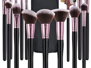 SOLVE Makeup Brushes 16 Pcs Premium Synthetic Foundation Blending Blush Concealer Eye Shadow Makeup Brush Set，Leather Travel Makeup bag Included， Black with Rose Gold