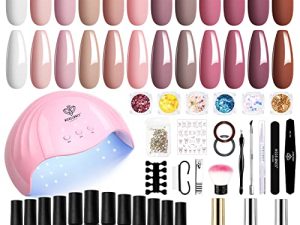 Modelones 35 Psc Gel Nail Polish Kit with U V Light 48W Nail Dryer - 12 Colors Nude Pink Gel Nail Polish Set with Glossy & Matte Base Top Coat