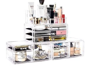 DreamGenius Makeup Organizer 4 Pieces Acrylic Makeup Storage Organizer Box with 9 Drawers for Lipstick Jewerly and Makeup Brushes