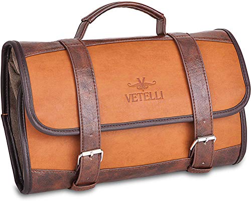 Vetelli Foldable Hanging Premium Leather Travel Toiletry Bag for Men with 2 Large Zippered Pockets 2 Small Snap Fastened Pockets for Cologne Perfect Travel Gift for Men Vetelli Foldable Hanging Premium Leather Travel Toiletry Bag for Men with 2 Large Zippered Pockets 2 Small Snap Fastened Pockets for Cologne Perfect Travel Gift for Men