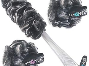 Loofah-Charcoal Back-Scrubber & Bath-Sponges by Shower Bouquet: 1 Long-Handle-Back-Brush Plus 2 Extra Large 75g Soft Mesh Poufs