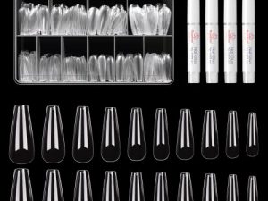 Beetles Long Coffin Fake Gel Nail Tips -500Pcs Acrylic Press on Nails Clear Artificial False Nails with Nail Glues for Acrylic Nail/Dip Powder Nails/Poly Nail Extension Gel Christmas Nails Art Design