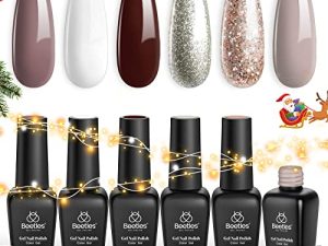 Beetles Holiday Gel Nail Polish Set - 6 Colors Burgundy Red Brown Champagne Gold Gel Polish Kit Snow White Nude Grey Soak off Nail Lamp Thanksgiving Gel Polish Gel Nail Manicure Kit DIY New Year Gift
