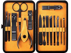Keiby Citom Professional Stainless Steel Nail Clipper Travel & Grooming Kit Nail Tools Manicure & Pedicure Set of 15pcs with Luxurious Case (Black/Yellow)